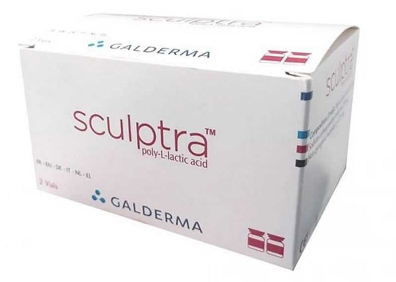 Box of Sculptra poly-L-lactic acid by Galderma, displaying brand and product information.