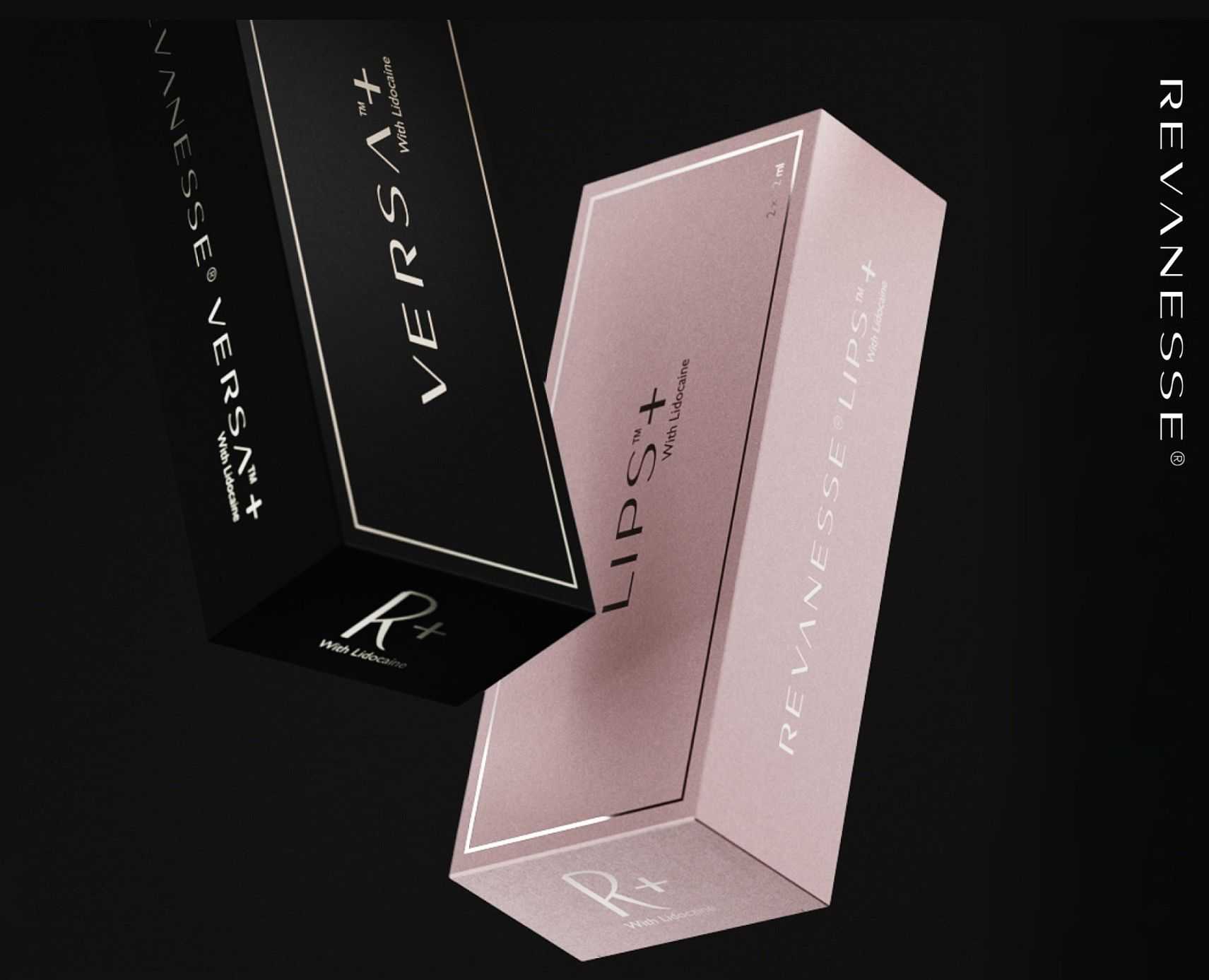 Two Revanesse+ product boxes, one black for Versa+ and one pink for Lips+, on a dark background.